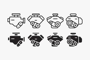 automotive engine icon set in outline and filled style for garage, workshop and repair. car engine parts silhouette collection. car motor element designs with inline, v, boxer, rotary type vector