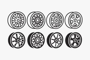 car wheel rim icons set in outline and filled style for garage, workshop and repair. allow rim racing illustrations. automotive spoke spare parts element designs with multi, mesh, split, modular vector