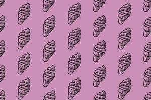 soft serve ice cream line art pattern on purple background. summer dessert seamless pattern background. swirl ice cream cone doodle motif wallpaper design for kids product and merchandise vector