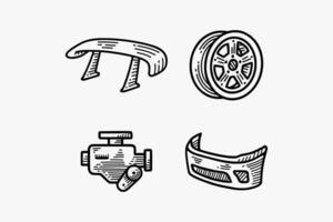 lip spoiler racing, modular spoke, inline engine, front bumper, car wheel rim engraving doodle illustration design set for automotive, racing, garage, workshop, vehicle, custom service, repair vector