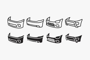 car bumper icon set in outline and filled style for garage, workshop and repair. automotive bumper parts silhouette collection. auto bumper element designs with front, rear, sport and tubular type vector