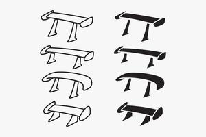 car spoiler icon set in outline and filled style for garage, workshop and repair. racing wing illustrations. aerodynamic automotive accessory element designs with high, low, lip, explainable types vector