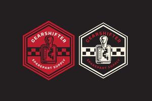 car gearshift retro badge design. vintage mechanical shifter emblem with racing accent. bold gearshift spare part illustration patch design for automotive, garage, racing merchandise and branding vector