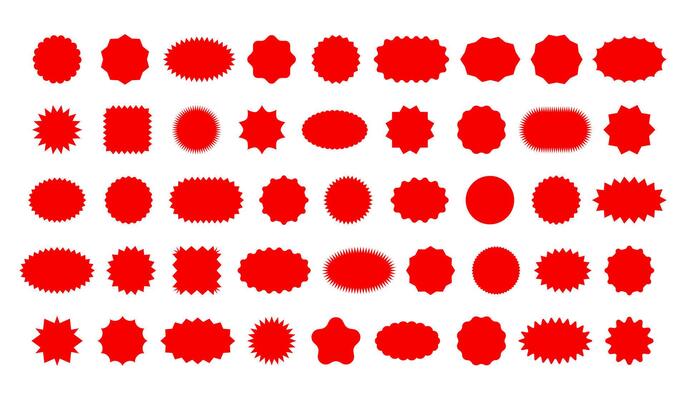 Badge star, sticker starburst shape, sale price tag, sun, circle, and oval label, round discount icons. Vintage banner set. Jagged geometric shapes.