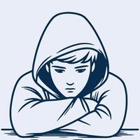 sad boy in hoodie sitting with arms crossed sketch art vector