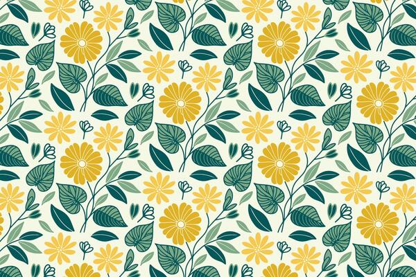 botanical pattern featuring soft cotton blooms and hand sketched leaves for fabric printing, home textile usage, and wrapping paper production