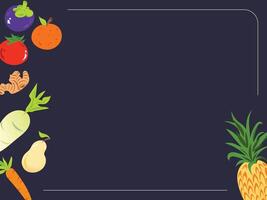 Fruits and vegetable illustration on horizontal copy spaced empty dark background template. vector