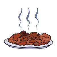 Rendang beef indonesian food outlined illustration drawing isolated on white background. vector