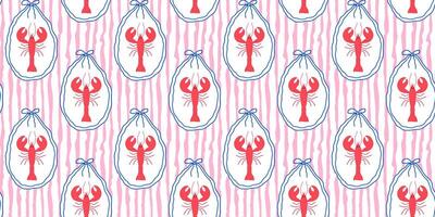 Seamless hand-drawn lobster pattern with pastel pink stripes. Marine, tropical beach style for summer fabric, wallpaper, wrapping paper, and coastal textile design. vector