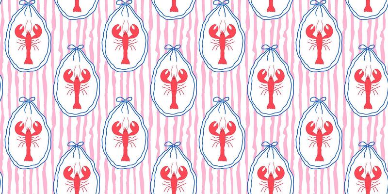 Seamless hand-drawn lobster pattern with pastel pink stripes. Marine, tropical beach style for summer fabric, wallpaper, wrapping paper, and coastal textile design.