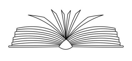 Lovely outline book lying and wide open 180 degrees with pages. Cute hand drawn academic textbook, dictionary, recreational literature. Library, bookstore, reading doodle isolated on background. vector