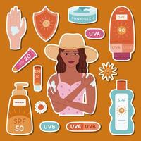 Lovely cartoon sticker set about sun protection for planners, notebook, scrapbook. Ready for print list of hand drawn stickers with young lady applying sunblock, lotion, spray with SPF, lipstick. vector