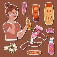 Lovely cartoon sticker sheet about defense from dangerous ultraviolet sun rays for planners, notebook. Ready for print list of hand drawn stickers with girl using sunscreen, tubes and jars with SPF vector