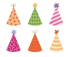 Lovely birthday party hat set with different pattern and star, fluffy pompons. Hand drawn cartoon paper cone for celebration, Christmas, circus clown. New Year cap collection isolated on background. vector