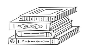 Lovely black and white stack of books lying on surface. Cute pile of different literature, poetry collection, detective series. Colorful library, reading, education doodle isolated on background. vector