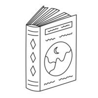 Lovely black and white standing slightly open book with cover with picture of moon and mountains. Cute hand drawn fiction literature, notebook, fantastic stories. Read, knowledge, bookworm doodle. vector