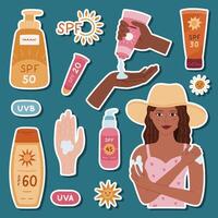 Lovely cartoon sticker layout about skin and body care with sunblock cosmetic for planners, notebook, diary. Ready for print list of stickers with women applying sunscreen, palm, SPF bottles vector