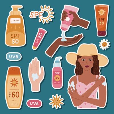 Lovely cartoon sticker layout about skin and body care with sunblock cosmetic for planners, notebook, diary. Ready for print list of stickers with women applying sunscreen, palm, SPF bottles