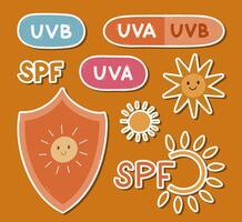 Cartoon sticker list with SPF protection symbols for planners, notebooks, diary. Ready for print list of hand drawn stickers with shield with sun, UVA and UVB signs for sunblock, sunscreen. vector
