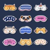 Big colored doodle sticker set with sleeping mask for planners, notebooks. Ready for print list of eye mask with animal head, geometric pattern, text. Bedtime accessory for comfort rest. vector