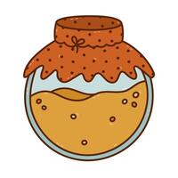 Lovely colored doodle closed glass jar full of honey with textile with polka dot pattern and string bow. Childish hand drawn glassware honey pot with bubbles isolated on white. Yummy organic sweets vector