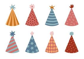 Lovely birthday party hat set with striped, checkered, swirl, star ornament. Hand drawn colourful paper cone for happy event, celebrating. Christmas cap collection isolated on white background. vector