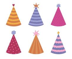 Lovely birthday party hat set in vivid colours with different ornament and pompons. Hand drawn flat paper cone for festive occasion, Happy Birthday. New Year cap collection isolated on background. vector