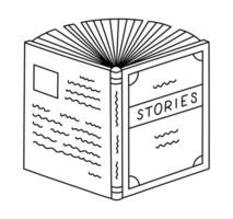 Lovely sketch wide open book with stories, novels. Funny doodle with hand drawn outline of fiction, fantasy literature for reading, learning at school, university. Back to school educational . vector