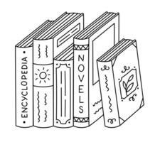 Lovely outline books in hardcover of different genres vertically standing. Funny literature, encyclopedia, novel with diverse book covers. Reading, studying, recreation doodle isolated on background. vector