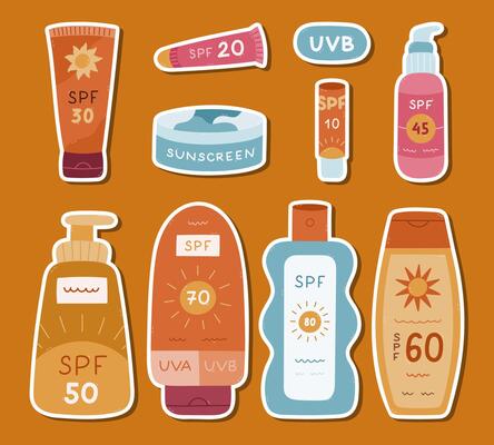 Lovely cartoon sticker sheet with different bodycare tubes of sunblock for planners, notebooks. Ready for print list of hand drawn sticker set ream, spray, lipstick, jar, lotion with SPF protection.