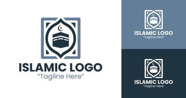 Minimalist Islamic Logo with Kaaba and Crescent for Elegant Branding Solutions and Business Identity in Light Blue and Dark Blue vector