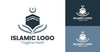Creative Islamic Logo Design with Kaaba and Circle Frame for Business Branding in Light Blue and Dark Blue vector