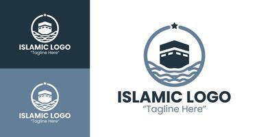 Islamic Logo with Kaaba and Crescent for Professional Business Identity and Branding Solutions in Light Blue and Dark Blue vector