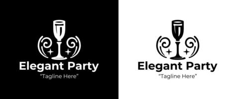 Stylish Elegant Party Logo with Wine Glass and Decorative Elements in Black and White vector