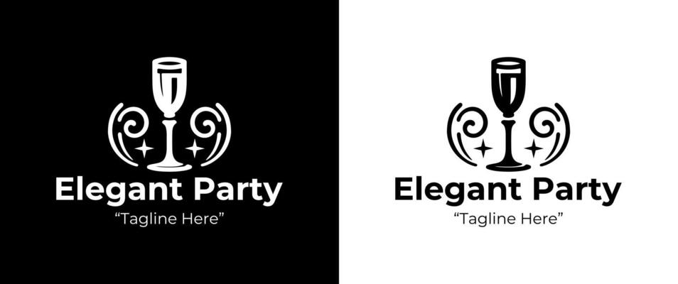 Stylish Elegant Party Logo with Wine Glass and Decorative Elements in Black and White