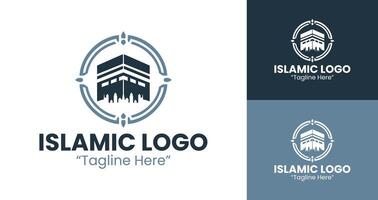Minimalist Islamic Logo with Kaaba Inside Circle Frame for Elegant Corporate Identity in Light Blue and Dark Blue vector