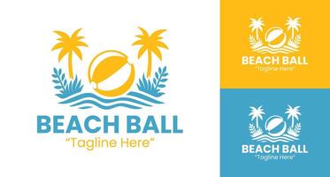 Creative Beach Ball Logo Design with Palm Trees and Waves in Blue and Yellow vector