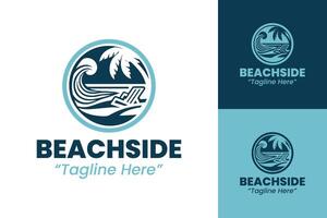 Beachside Logo with Palm Tree and Waves in Blue and Teal for Beach Events vector
