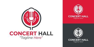 Red and Black Concert Hall Logo Featuring Microphone and Music Vibes vector