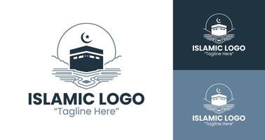 Islamic Logo with Kaaba and Crescent Design for Business Branding and Modern Identity in Light Blue and Dark Blue vector