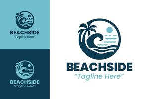 Seaside Event Logo with Palm Trees, Waves, and Sun in Blue and Teal vector