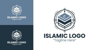 Creative Islamic Logo Design with Kaaba and Crescent for Corporate Identity and Branding Solutions in Light Blue and Dark Blue vector