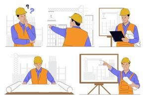 Set of character construction worker at construction site illustration on isolated background vector