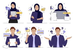Office worker illustration on isolated. Businessman and businesswoman wearing headscarf with various action and activities vector