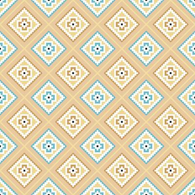 Seamless abstract ethnic geometric pattern with brown, yellow, and blue. Repeat rhombus design wallpaper.