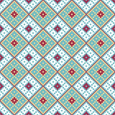 Seamless abstract ethnic geometric pattern with blue, white, yellow, and pink. Repeat rhombus design wallpaper.