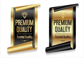 A luxurious and modern Premium Quality badge design featuring a stylish gold and black vector