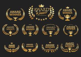 Award Winner emblem set of gold laurel wreath isolated on black background vector