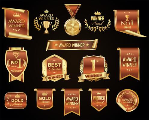 Golden labels and badges gold premium quality certificate ribbons
