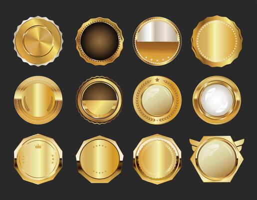 Gold Round Badge Set on Black Background Premium Labels for Awards and Certificates